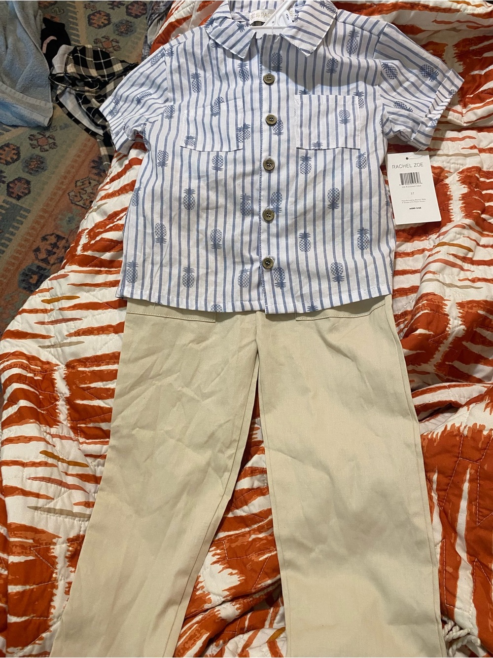 Rachel Zoe Light Blue and White Striped Pineapple Shirt